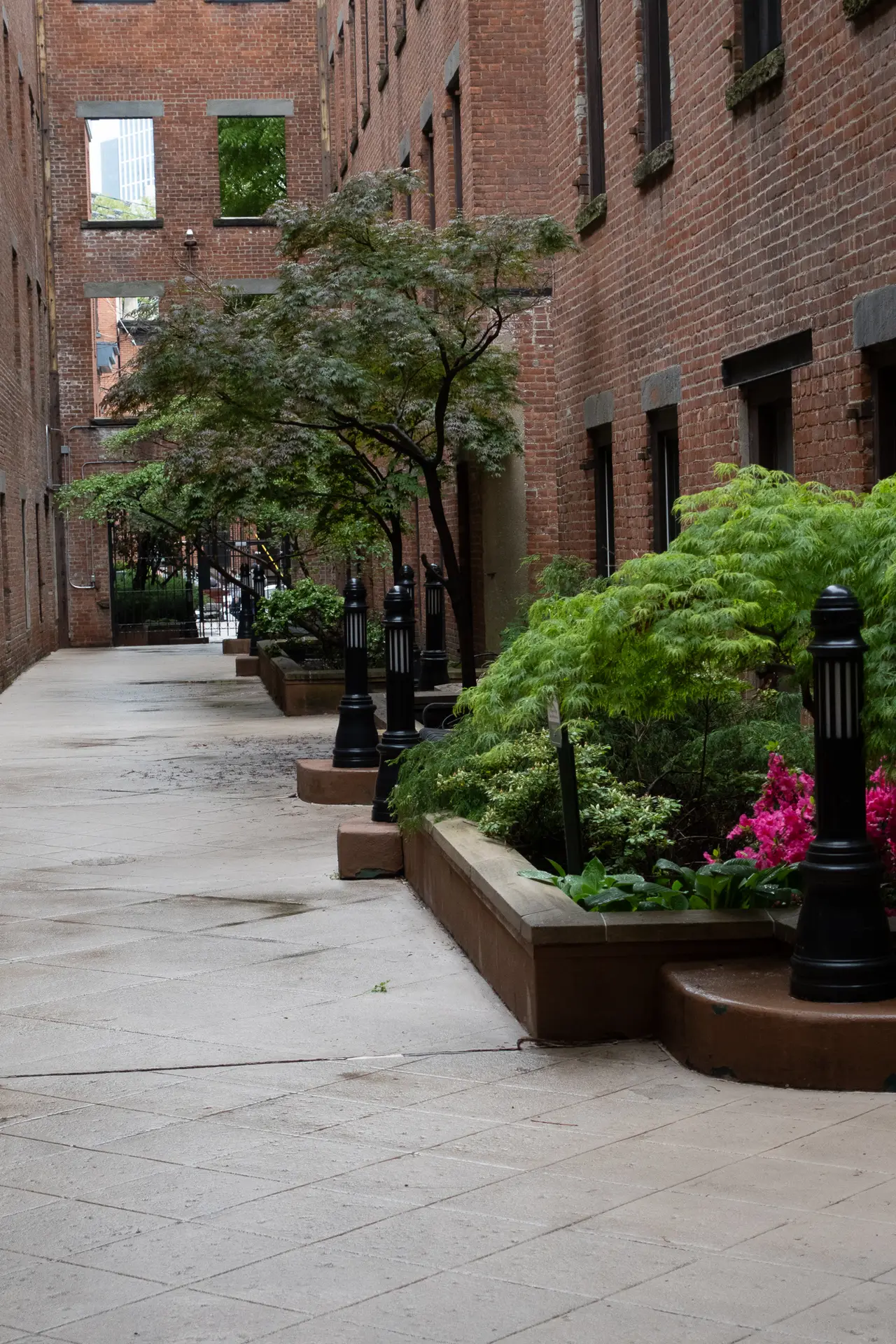 Interior courtyard between historic factory buildings - Reputation Matters Tree-lined courtyard between brick residential buildings with garden beds and vintage lamp posts