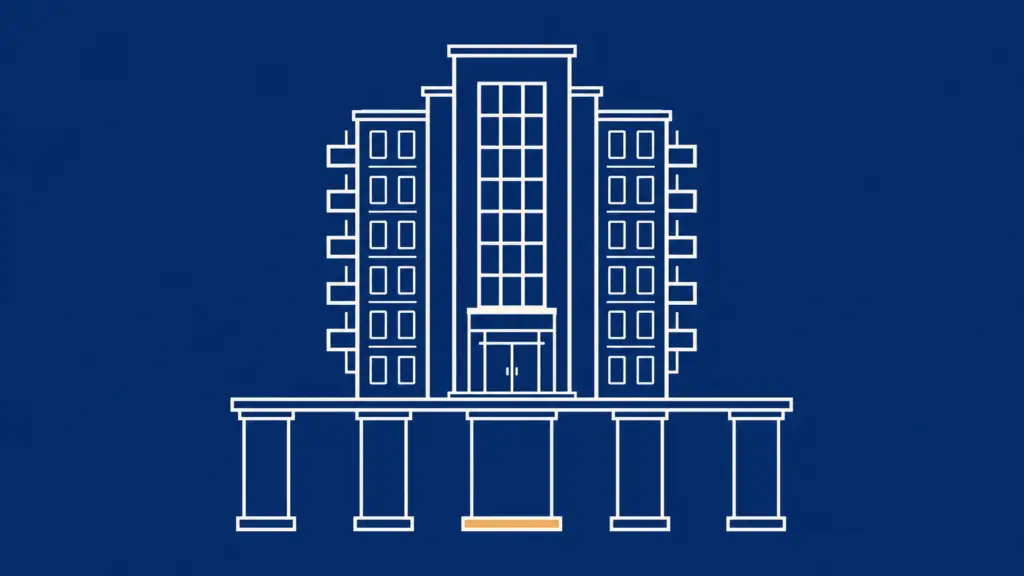 Home 2 Line-art illustration of a building resting on five support piers; the central pier, aligned with the entrance, carries an Earth Yellow (gold) accent at its base.