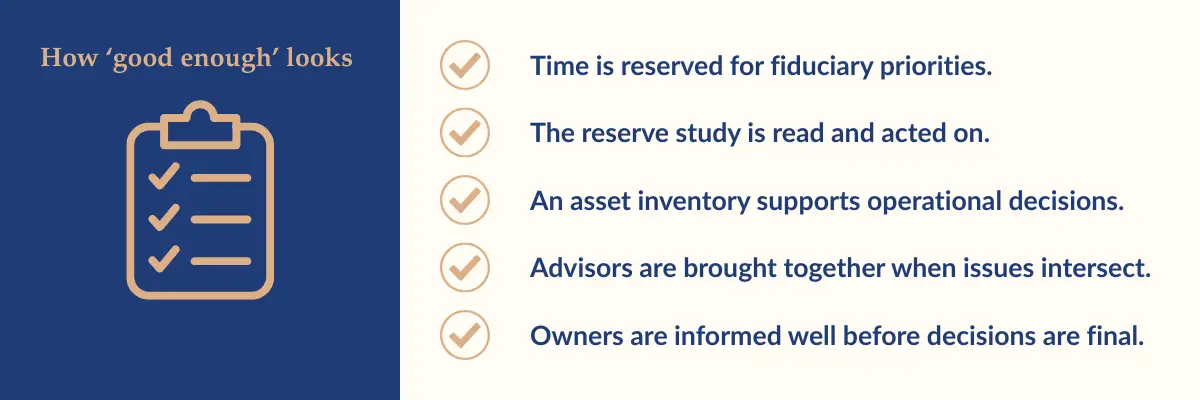 llustrated governance checklist showing five characteristics of a well-run community association: time reserved for fiduciary priorities, reserve studies acted upon, asset inventories supporting operational decisions, coordinated professional advisors, and owners informed before major decisions are finalized.