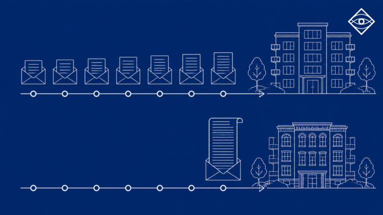 Editorial illustration comparing two communication approaches: a series of small owner updates over time versus a single large announcement before a board meeting, illustrating how communication timing shapes owner understanding and trust.