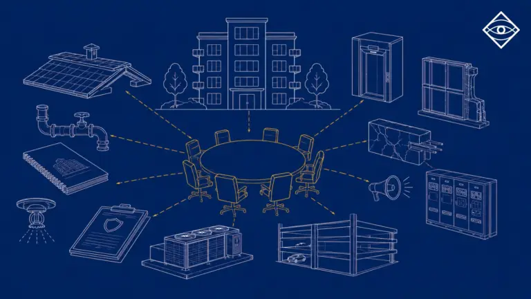 Commentary 1 Illustration of a condominium building above a boardroom table surrounded by engineering reports, building systems, and operational priorities, showing the competing decisions boards must balance when making reserve funding and capital planning decisions.