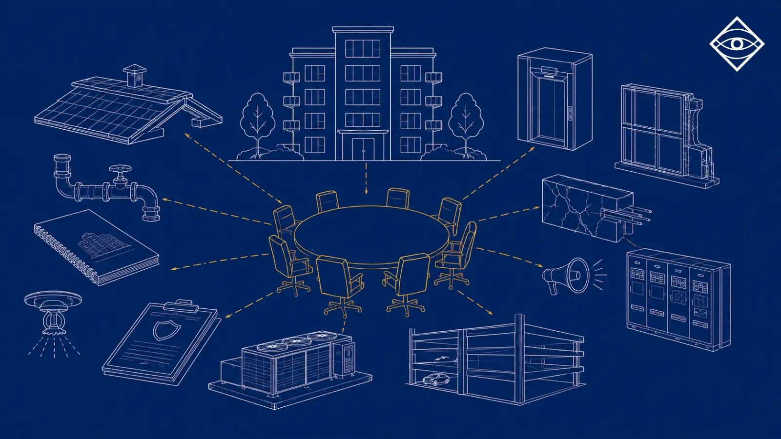 Illustration of a condominium building above a boardroom table surrounded by engineering reports, building systems, and operational priorities, showing the competing decisions boards must balance when making reserve funding and capital planning decisions.