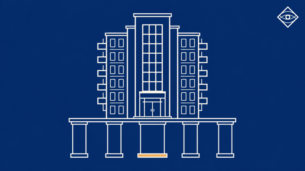 Home 3 Line-art illustration of a building resting on five support piers; the central pier, aligned with the entrance, carries an Earth Yellow (gold) accent at its base.