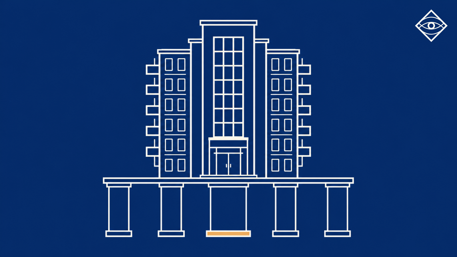 Commentary 4 Line-art illustration of a building resting on five support piers; the central pier, aligned with the entrance, carries an Earth Yellow (gold) accent at its base.