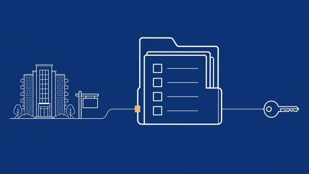 Home 1 Illustration of a condominium building, a checklist file, and a key connected in sequence, representing a building review before conventional mortgage financing.