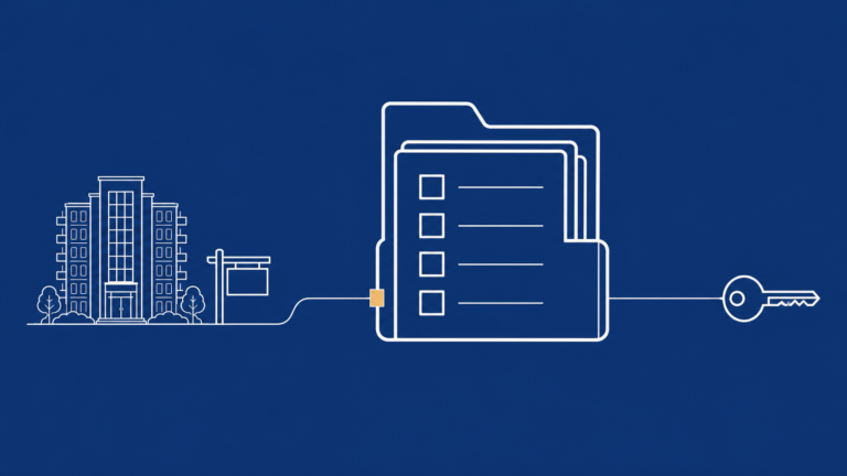 Illustration of a condominium building, a checklist file, and a key connected in sequence, representing a building review before conventional mortgage financing.